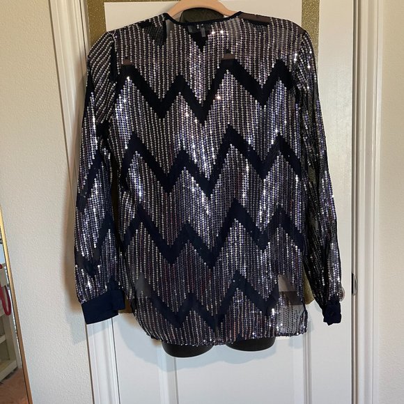 WAYF Blue Sequin Mesh Blouse Size S - Picture 2 of 5
